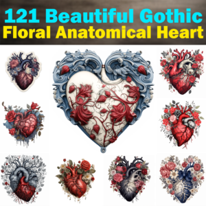 121 Beautiful Gothic Floral Anatomical Heart Clipart, Printable Graphics / Clip Art, High Quality, 1024x1024