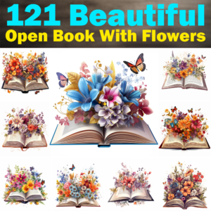 121 Beautiful Open Book With Flowers, Printable Graphics / Clip Art, High Quality, 1024x1024