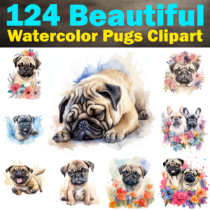 124 Beautiful Watercolor Pugs Clipart, Printable Graphics / Clip Art, High Quality, 1024x1024