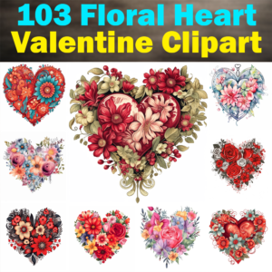 103 Beautiful Floral Heart Valentine, Printable Graphics / Clip Art, High Quality, 1024x1024