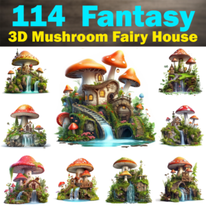 114 Beautiful Fantasy 3D Mushroom Fairy House With Garden And Waterfall, Printable Graphics / Clip Art, High Quality, 1024x1024