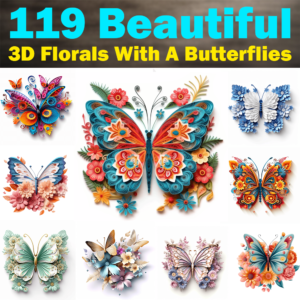 119 Beautiful 3D Elegant Florals With A Butterflies, Printable Graphics / Clip Art, High Quality, 1024x1024